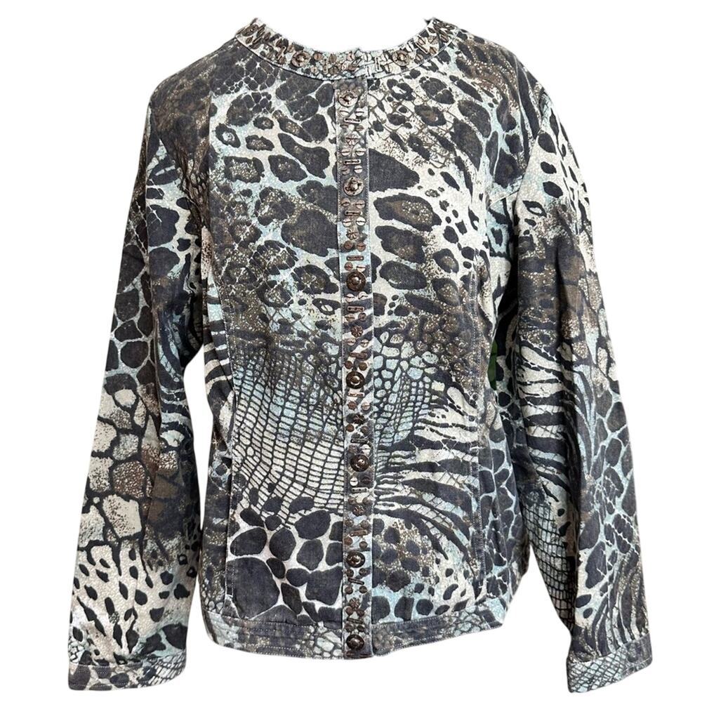 Chico's Jacket Womens 1 Gray Blue Animal Print Studded Snakeskin Leopard Buttons